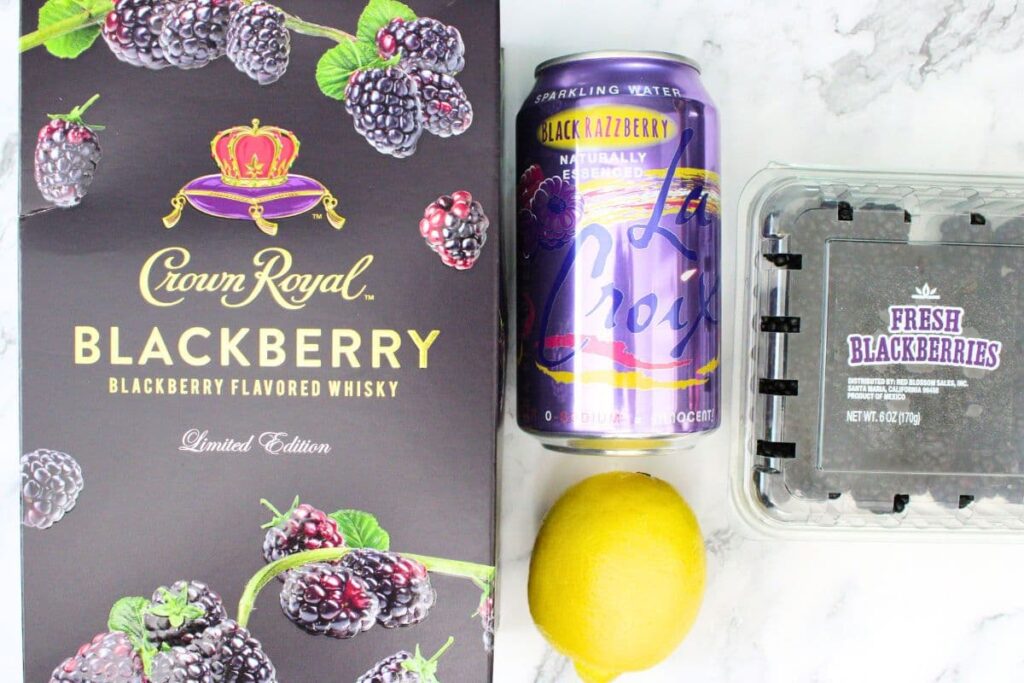 ingredients to make a blackberry whiskey fizz with crown royal