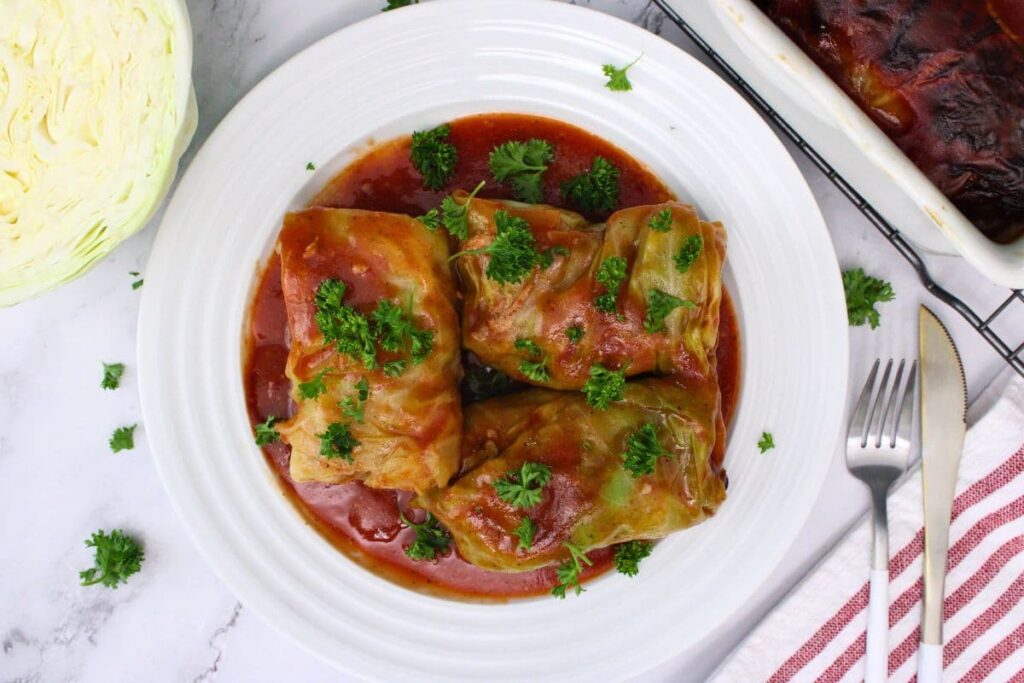 overhead view of air fryer cabbage rolls on a plate