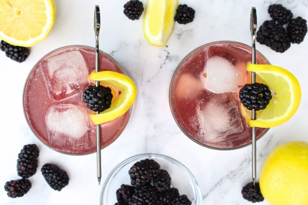overhead view of two blackberry whiskey fizz drinks with fresh lemon and blackberry skewer