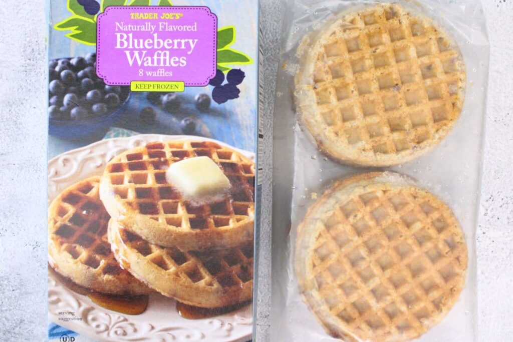 trader joes frozen blueberry waffles next to the packaging box