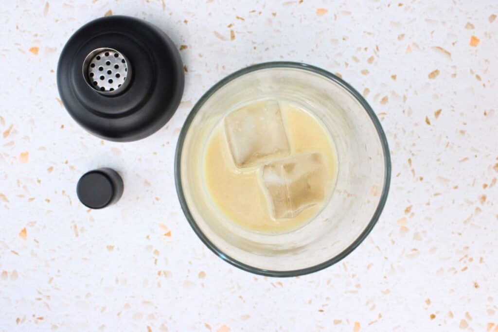 add crown royal peach, rumchata, lemon juice, and honey to cocktail shaker