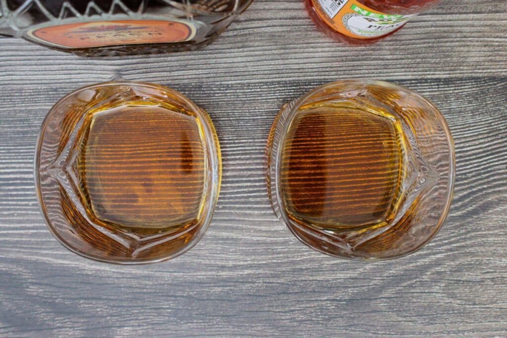 add crown royal peach whiskey and simple syrup to glass and stir