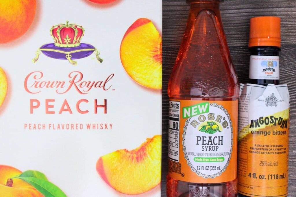 ingredients to make crown royal peach old fashioned cocktail