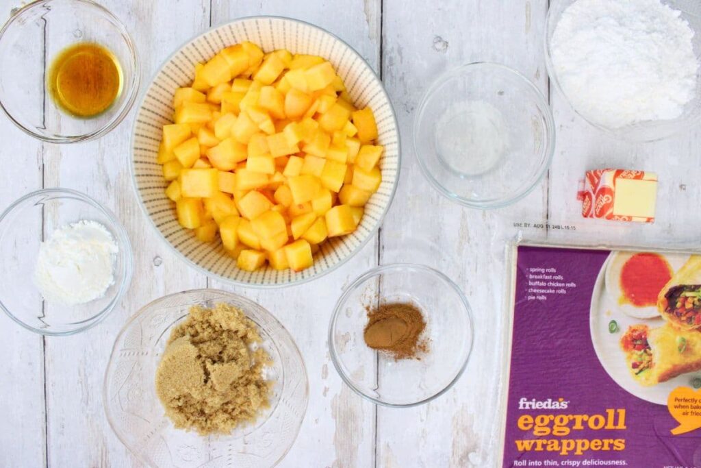 ingredients to make peach cobbler egg rolls in the air fryer