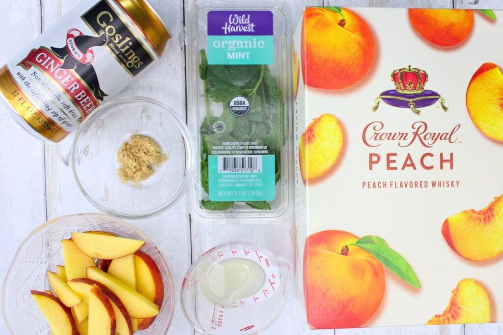 ingredients to make peach mint julep with crown royal whiskey