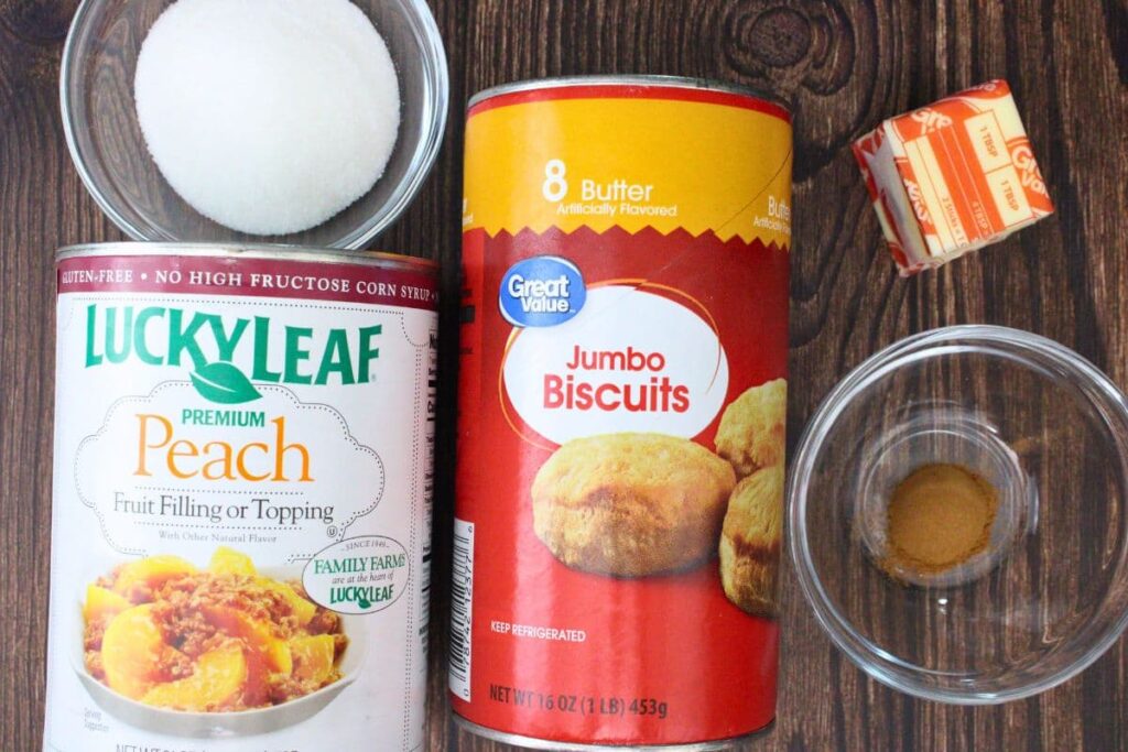 ingredients to make peach pie biscuit bombs in the air fryer