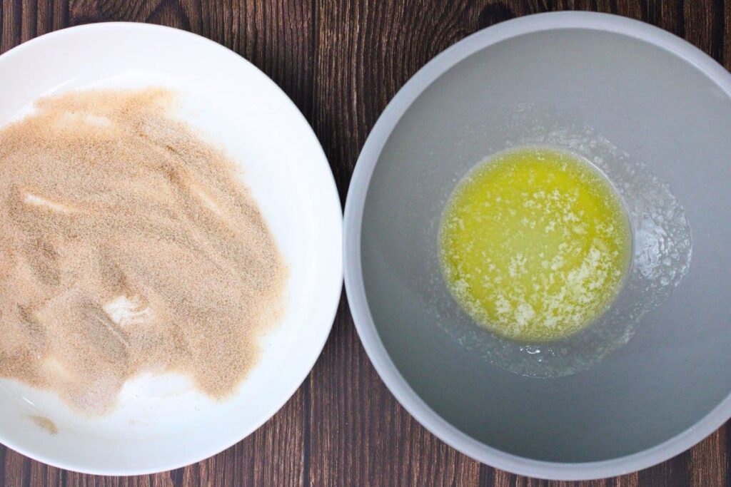 melt butter and combine cinnamon sugar together in a bowl