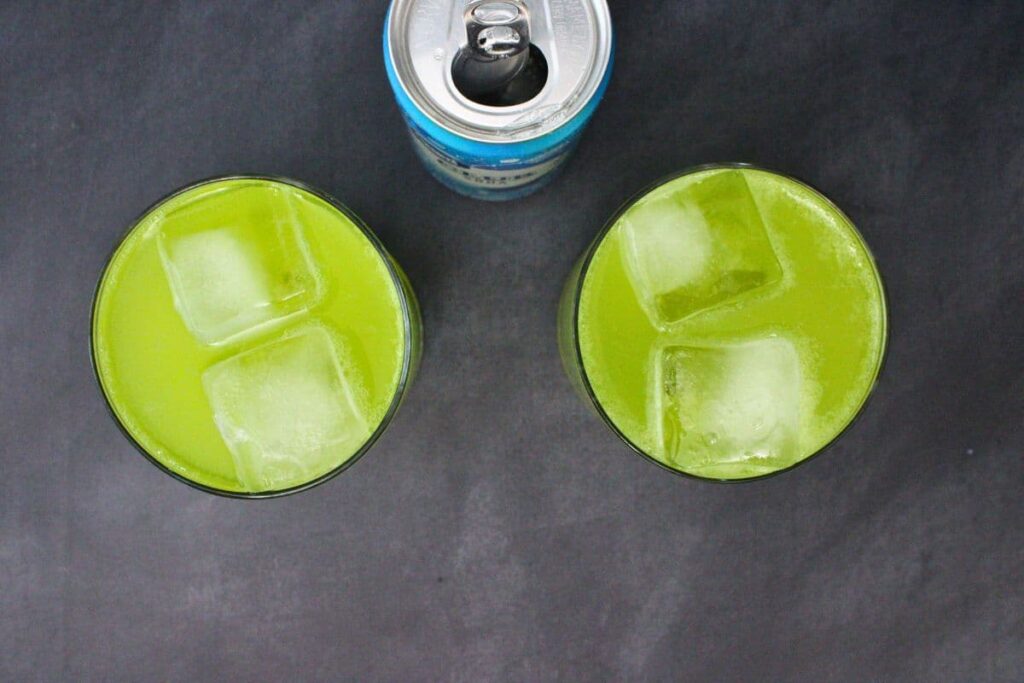 add ice and top ghostbusters cocktail with club soda