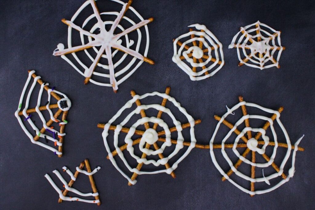 home testing different methods and sizes for making chocolate spider web pretzels