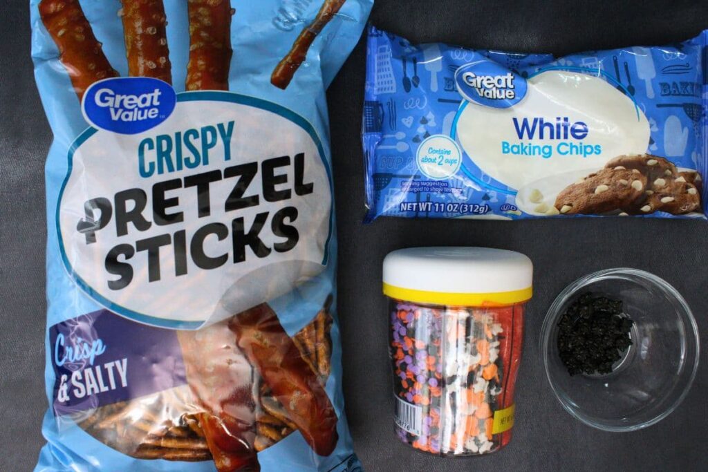 ingredients to make chocolate spider web pretzels