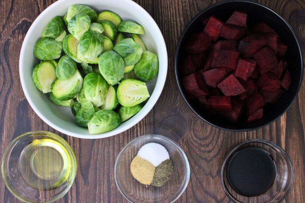 ingredients to make beets and brussels sprouts in the air fryer