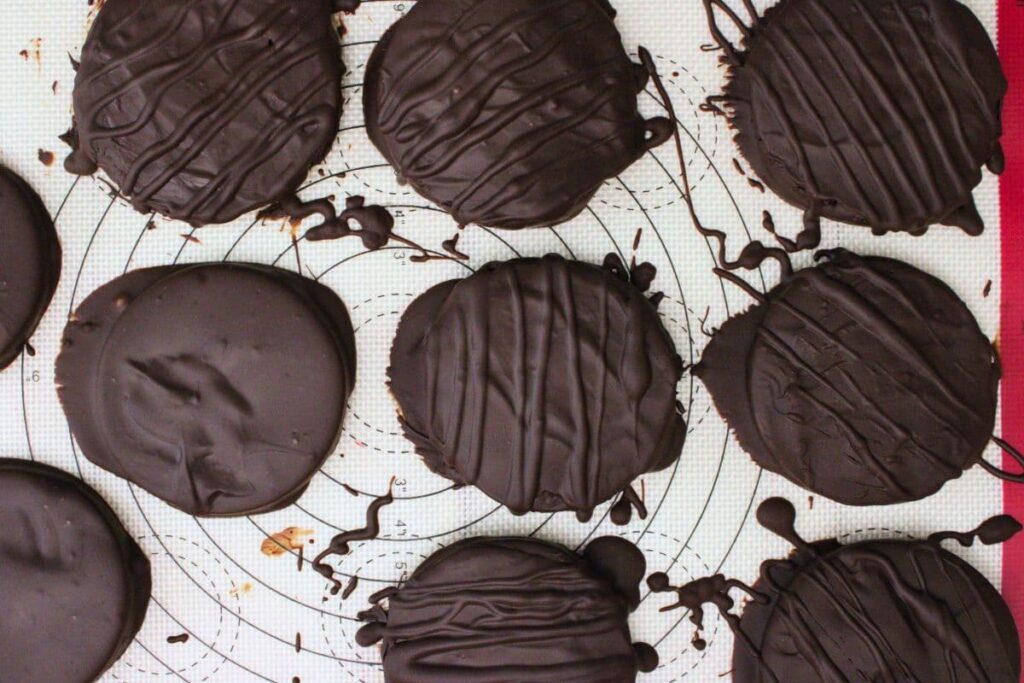 submerge each cranberry slice in the melted dark chocolate mixture