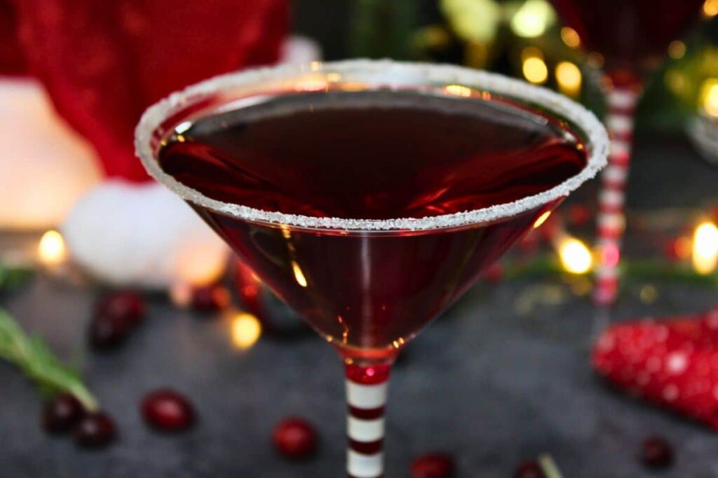 closeup view of santa clausmopolitan with sugar rim