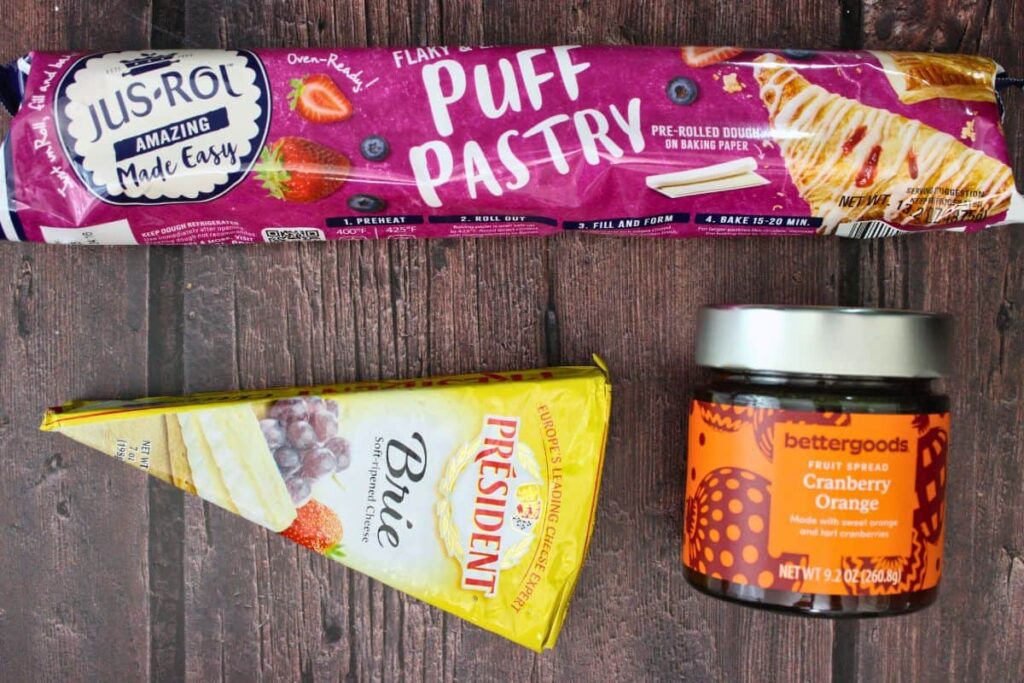 ingredients to make cranberry puff pastry brie bites