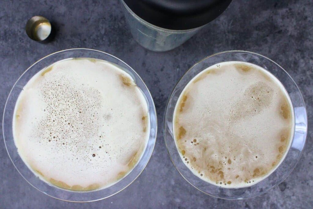 shake white chocolate espresso martini until chilled and frothy then strain into prepared glasses