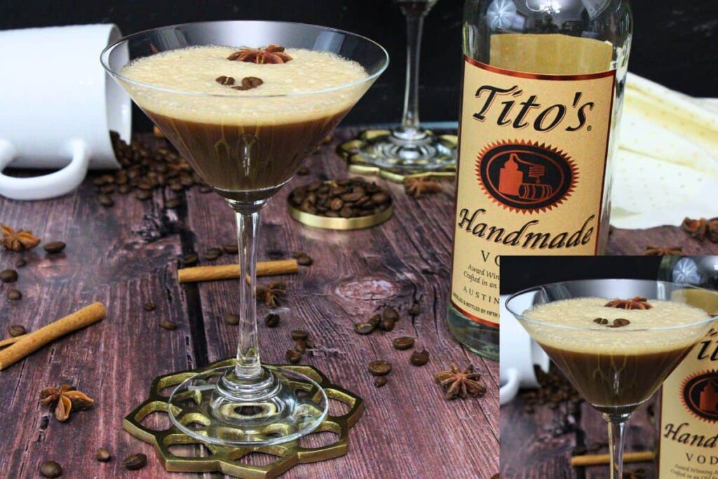 chai espresso martini with coffee beans and star anise next to vodka bottle