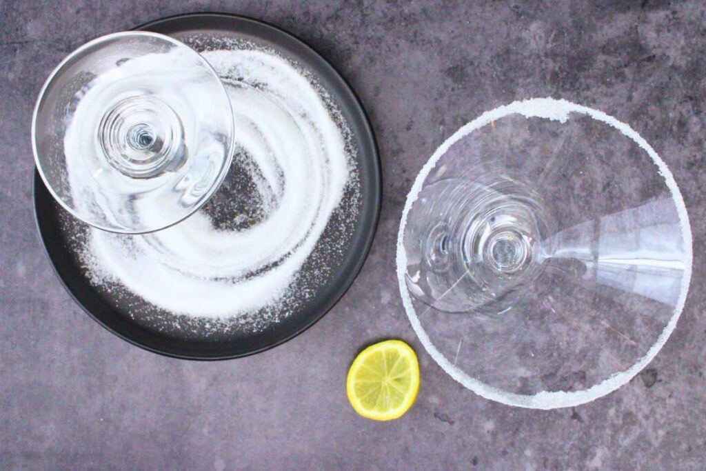rim lavender lemon drop glass with sugar