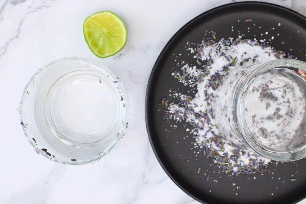 rim lavender margarita glass with lime wedge and sea salt