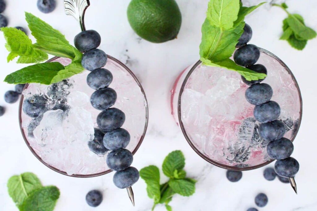 overhead view of two blueberry mojitos garnished with fresh mint and blueberry skewers