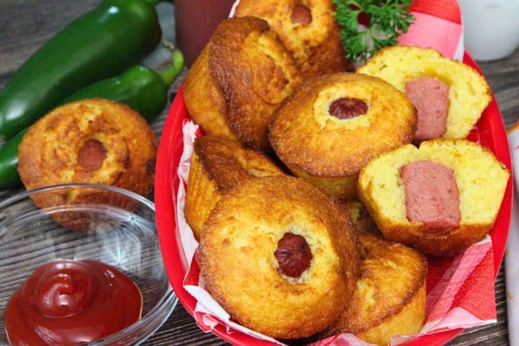 several corn dog muffins in a basket with one cut in half to show the hot dog with a side of ketchup