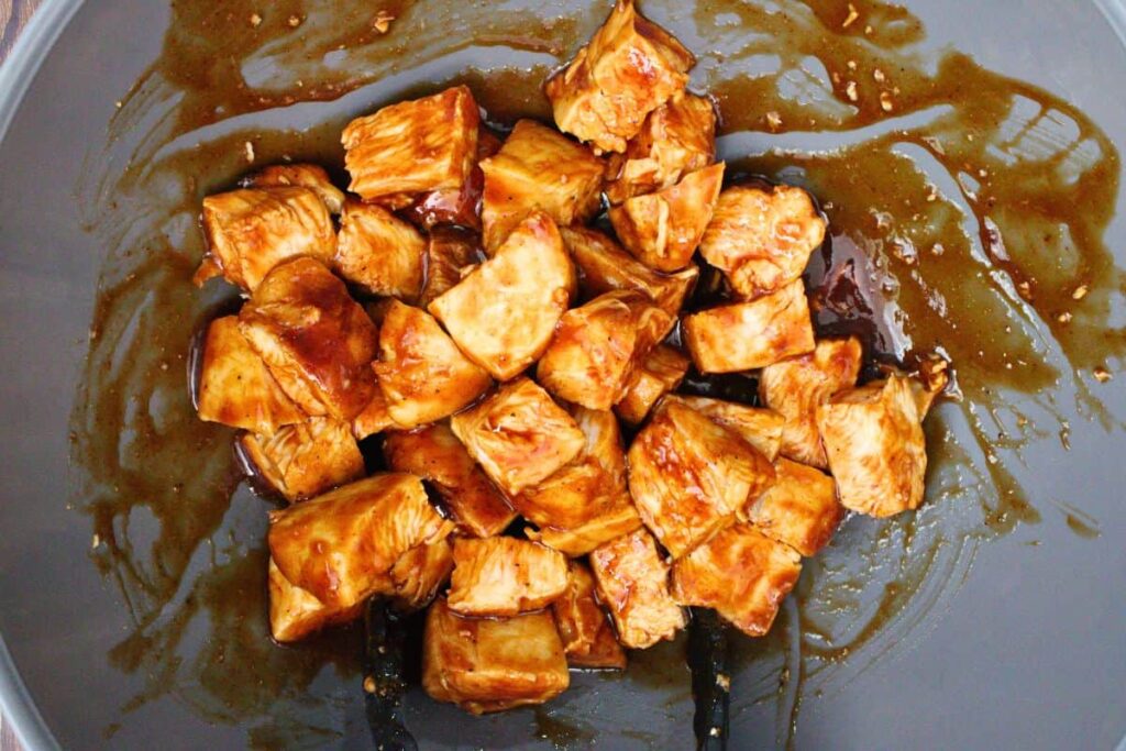 dice turkey tenderloins into cubes and coat in bbq sauce