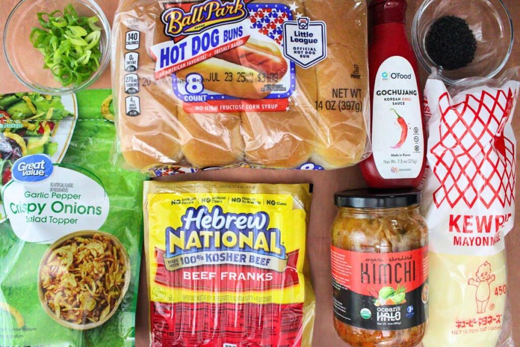 ingredients to make kimchi hot dogs