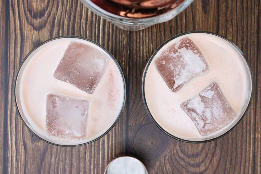 shake black forest cake cocktail until frothy and strain into glasses