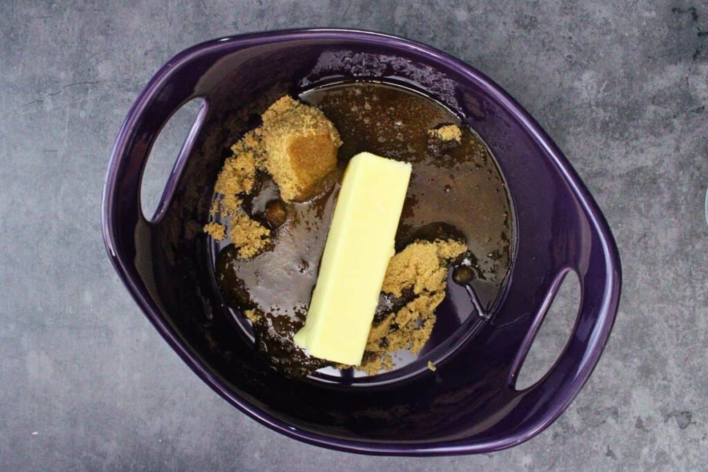 add butter, brown sugar, and water to microwave safe dish