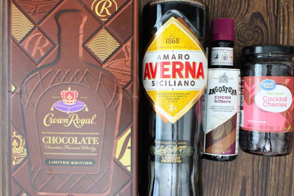 ingredients to make chocolate manhattan cocktail