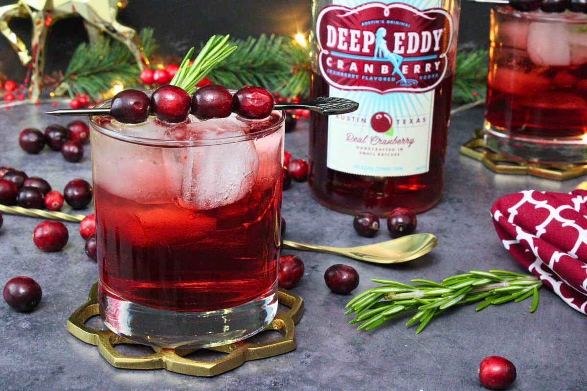cranberry vodka fizz cocktail with cranberry skewer next to vodka bottle on a dark counter