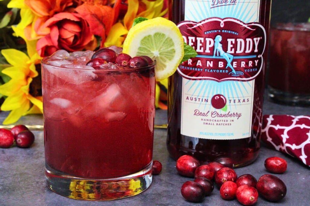 cranberry vodka lemonade cocktail with lemon slice next to vodka bottle and fresh cranberries