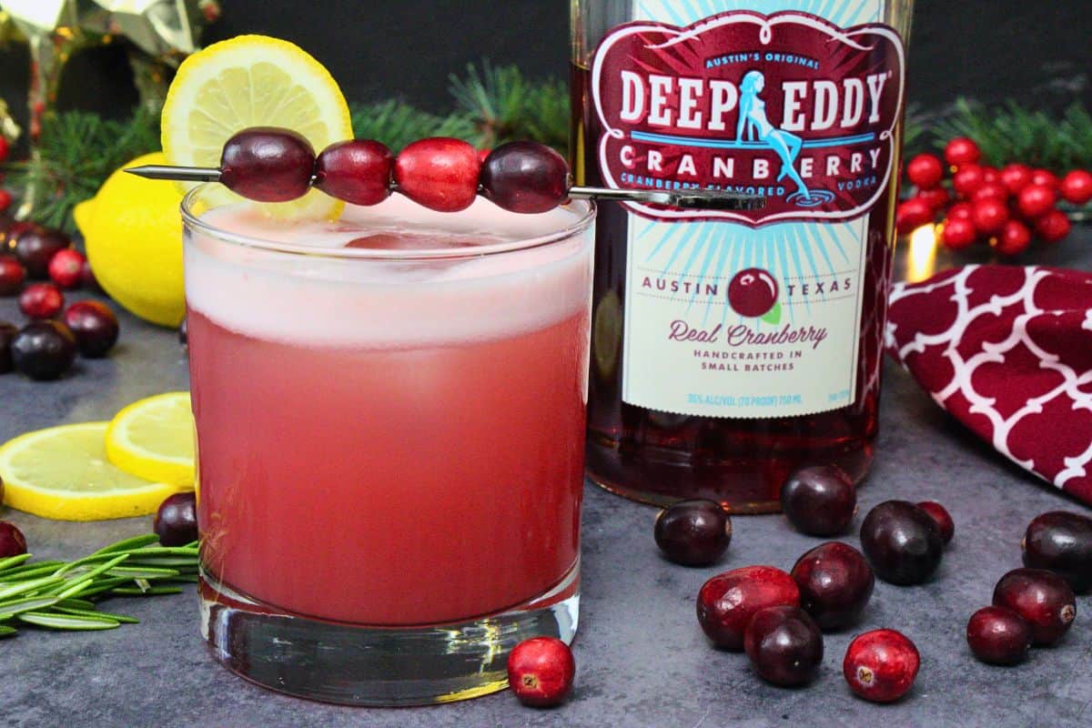 cranberry vodka sour cocktail garnished with lemon and fresh cranberries next to vodka bottle
