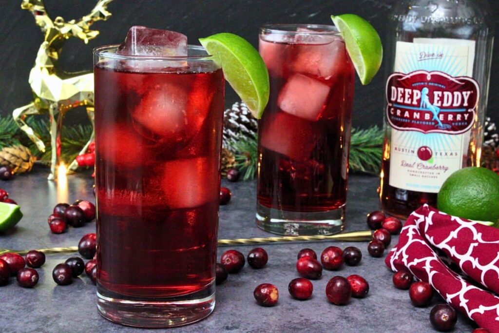 two cape codder cocktails garnished with lime wedge and surrounded by fresh cranberries and gold drink stirrer