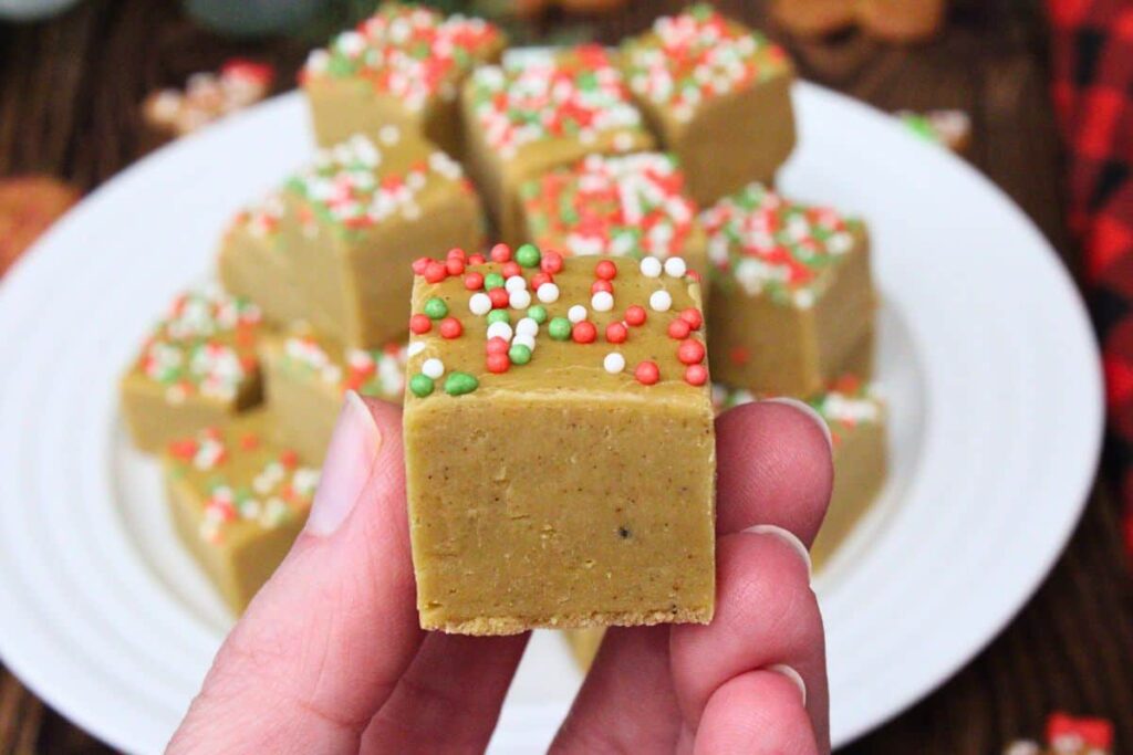 holding up a square of gingerbread fudge topped with red, white, and green sprinkles
