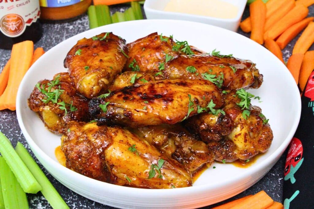 shallow bowl filled with hot honey wings surrounded by celery and carrot sticks