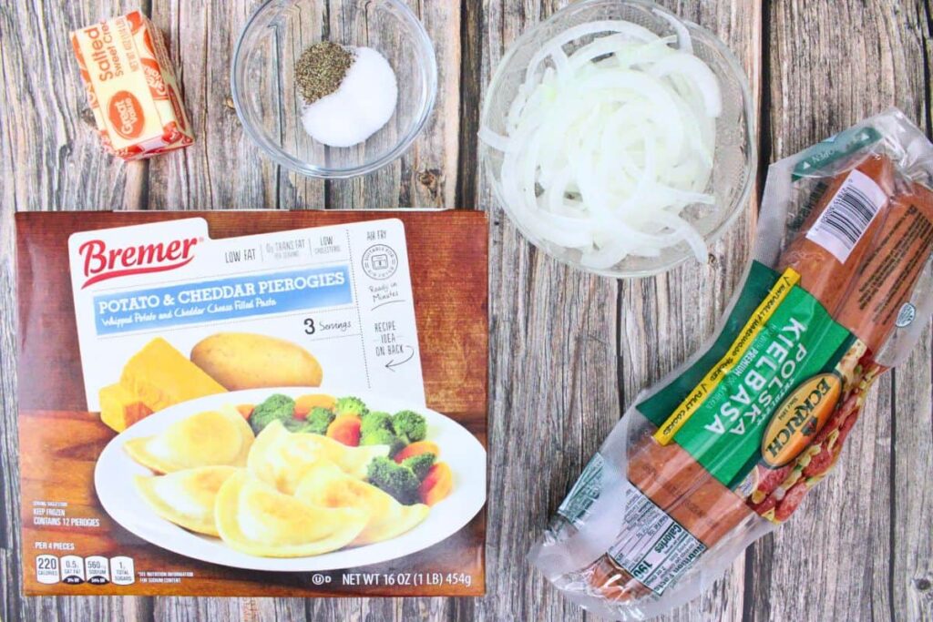 ingredients to make kielbasa and pierogies