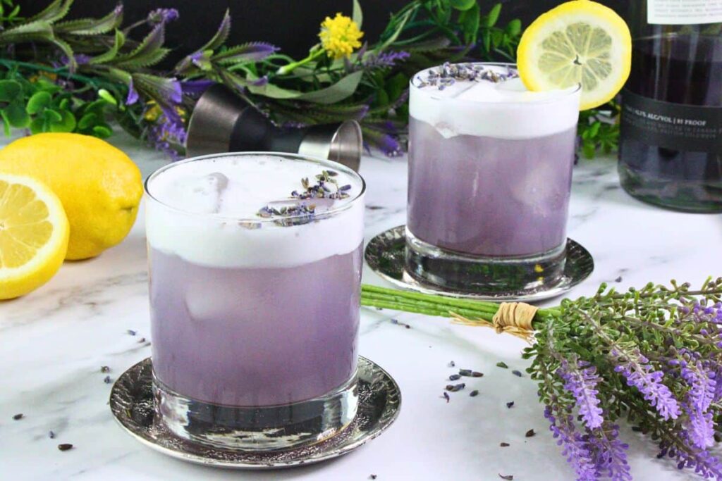two lavender gin sour drinks garnished with lavender and a lemon wheel