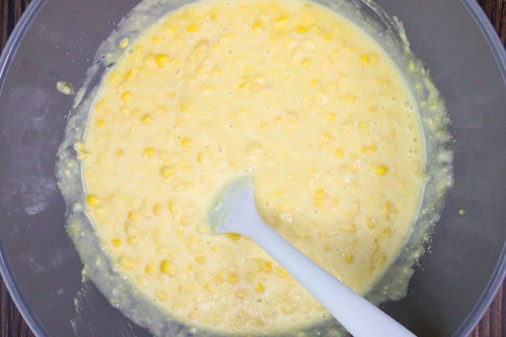 add milk and jiffy mix to the egg mixture then fold in the corn