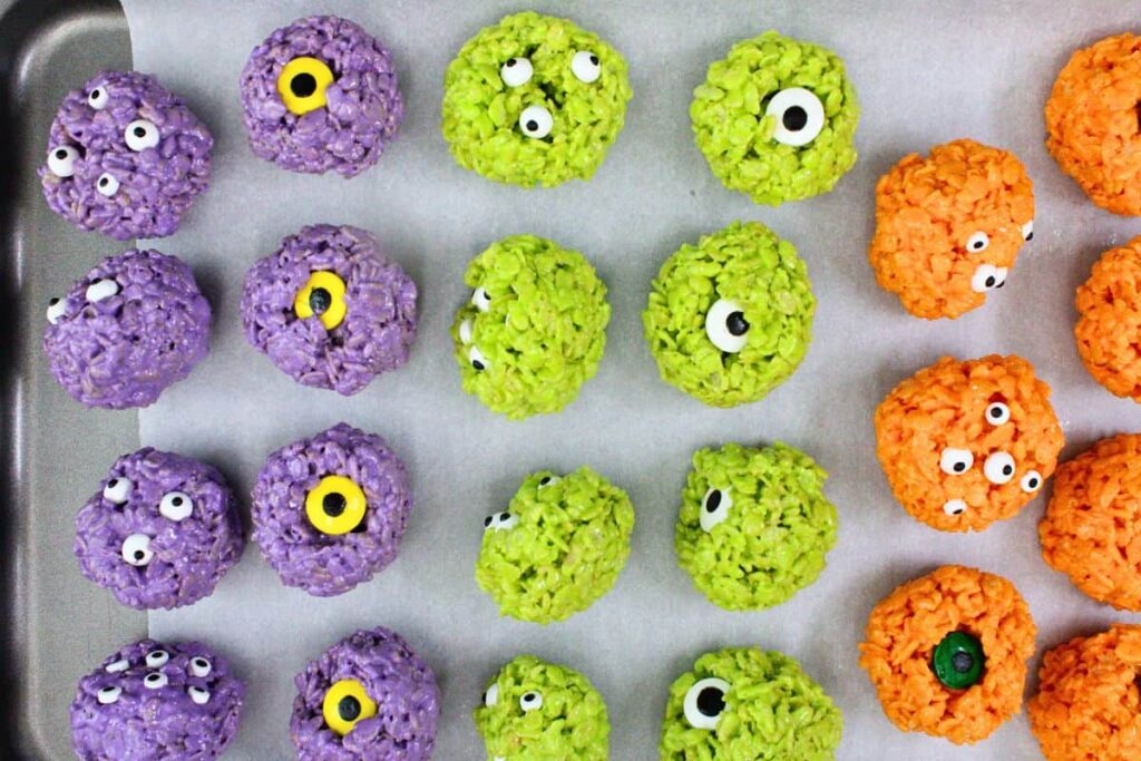 create purple rice krispei treat balls and add candy eyes