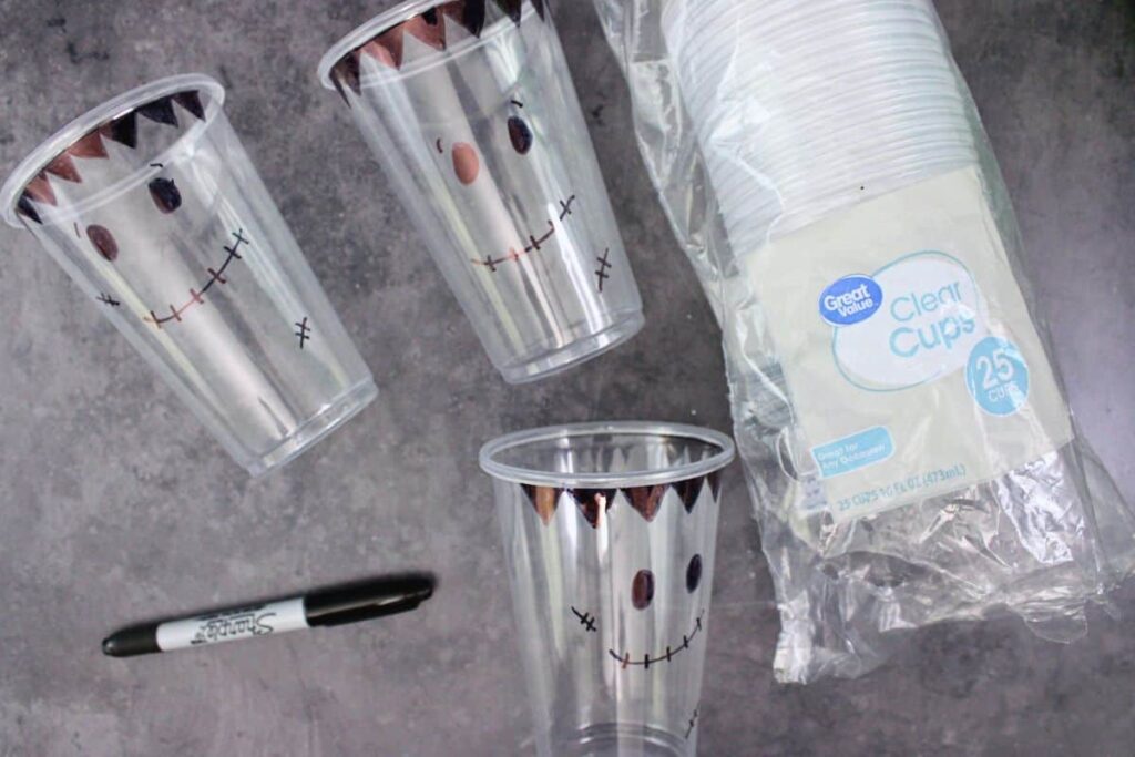 draw frankenstein face on your plastic cups