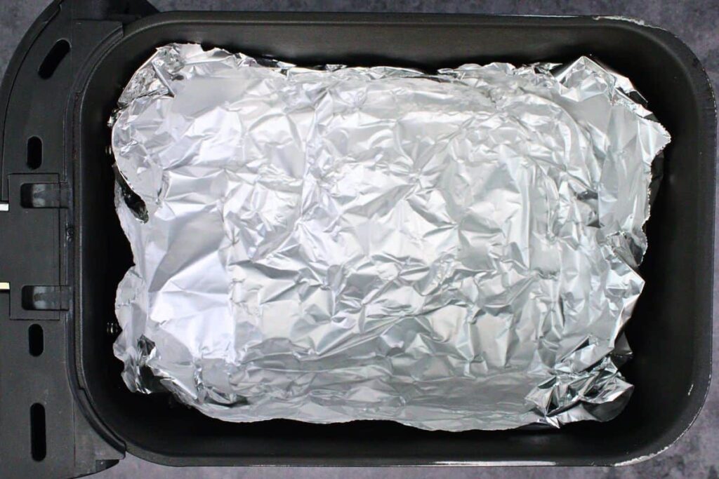 line air fryer backet with foil for turkey nachos