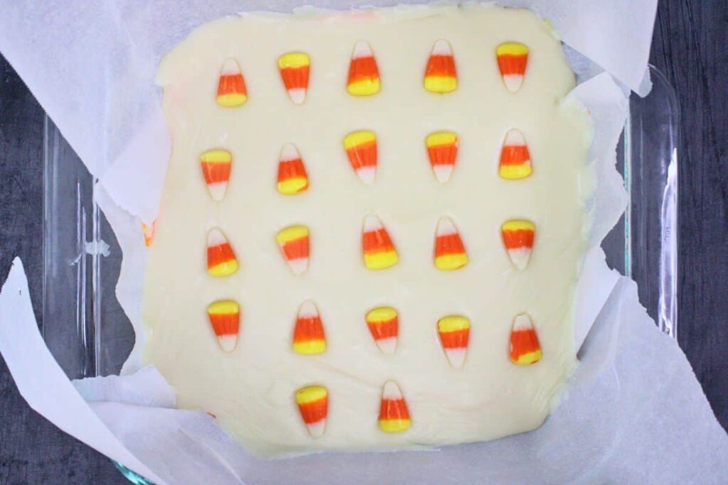 finally add white layer to candy corn fudge and top with additional candies