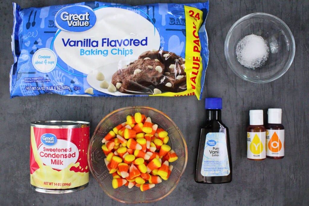 ingredients to make candy corn fudge