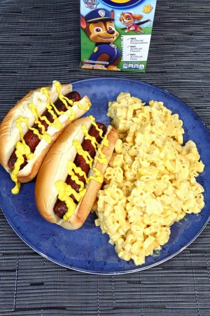 microwaved boxed mac and cheese with hot dogs