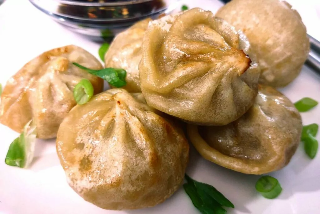 closeup of air fried bibigo dumplings