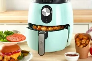 aqua dash deluxe air fryer with burger and tater tots