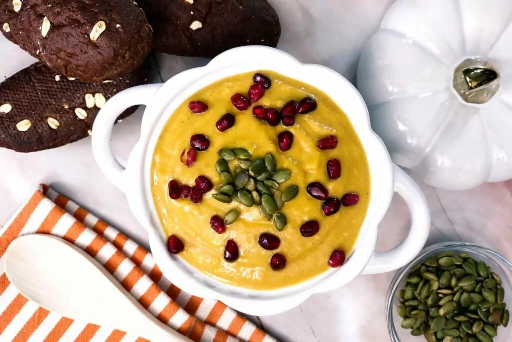 add your favorite crunch toppings to fresh roasted air fryer butternut squash soup