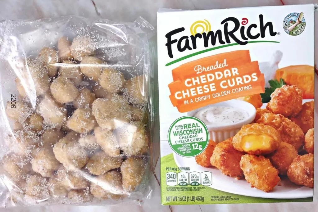 farm rich frozen cheese curds next to the box
