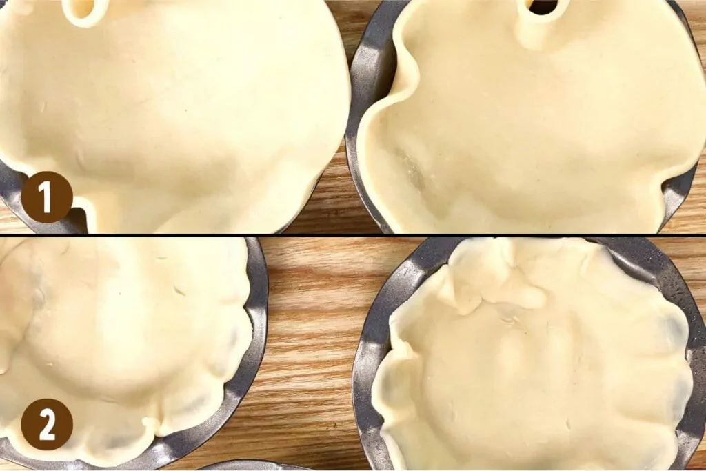 place pie crust in pans and crimp to fit the edges