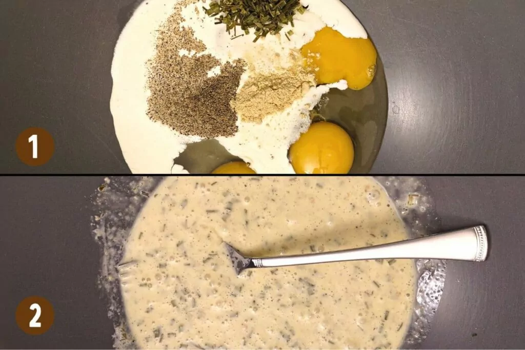 whisk eggs, cream, mustard, chives, salt, and pepper together